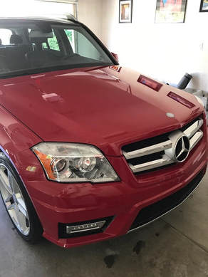 Detail of red Mercedes GLK350, look from front, done by ABC Mobile Detail, CA